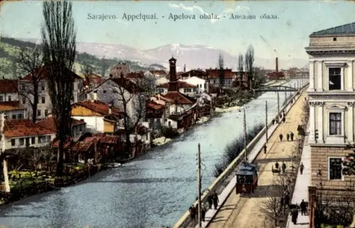 Ak Sarajevo Bosnien Herzegowina,  Appelquai, Apelova obala, Fluss, Gebäude, Straßenbahn