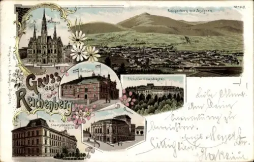 Ak Reichenberg in Böhmen Liberec Tschechien,  Stadtansicht,  Theater, K.K. StearyGewerbe, Blumeno