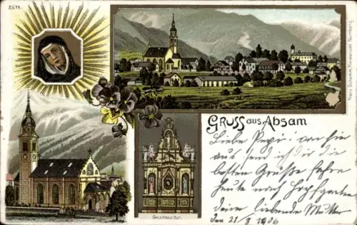 Ak Absam in Tirol, Frau mit Heiligenschein, Kirche, Landschaft, Gnadenaltar