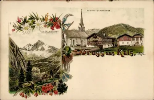 Litho Kals am Großglockner Tirol, Blick vom Ködnitztal, Gasthof Bergerweiß