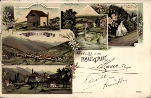 Litho Radstadt in Salzburg,  Teich Thurm, Gnadenwasserfall, Kapuzinerkloster