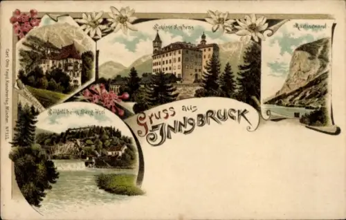 Ak Innsbruck Tirol, Patscherkofel, Berge, Schloss Ambras, Sillfall,  mit Blumenornamenten