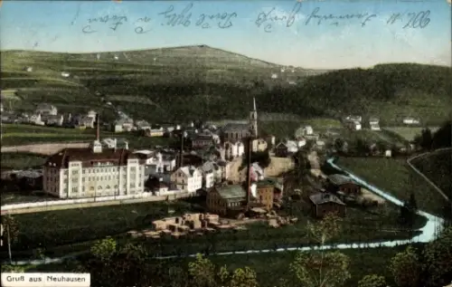 Ak Neuhausen am Rheinfall Kanton Schaffhausen, Vorderansicht von  Fluss, Gebäude, Hügel im Hinter