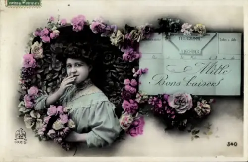 Ak Junge Frau mit Rosen, Telegramm, coloriert