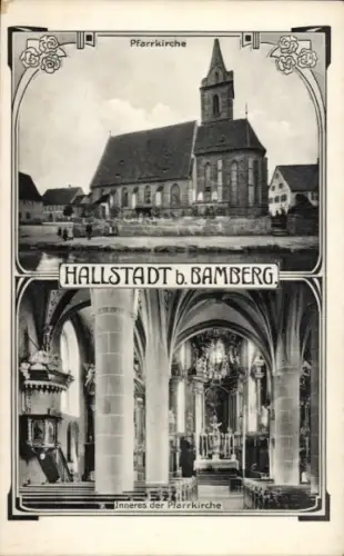 Ak Hallstadt in Oberfranken, Pfarrkirche,  Innenansicht, Außenansicht