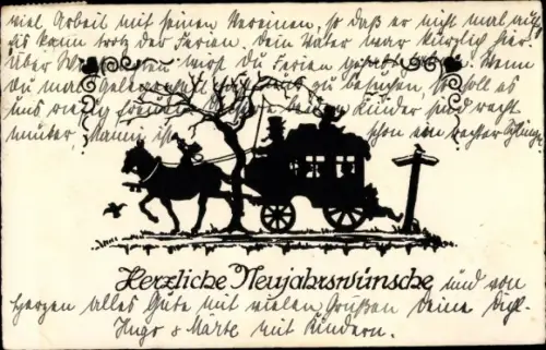Scherenschnitt Ak Glückwunsch Neujahr, Postkutsche