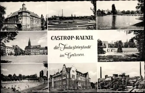 Ak Castrop Rauxel im Ruhrgebiet, Gondelteich, Zeche Erin, Stadtgarten, Rathaus