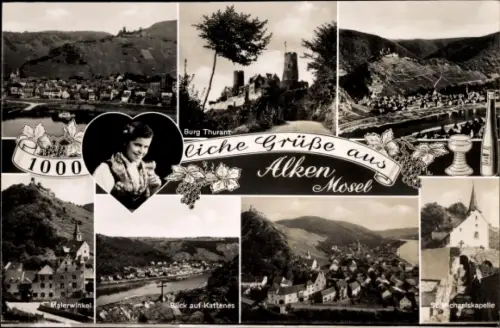 Ak Alken an der Mosel, Panorama vom Ort, Burg Thurant, Weinkönigin m. Weinglas, Malerwinkel