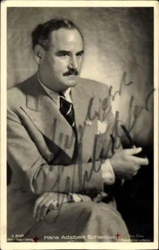 Ak Schauspieler Hans Adalbert Schlettow, Portrait, Pfeife, Autogramm