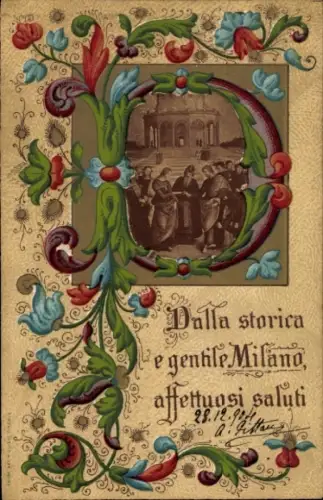 Buchstaben Ak Buchstabe P, Mailand, Menschen vor einem Gebäude