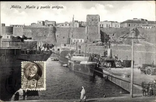 Ak Melilla Spanien, Muelle y pueblo antiguo