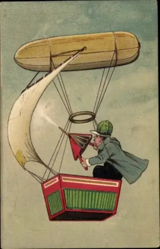 Präge Ak Mann im Heißluftballon, Segel, Blasebalg, Luftfahrer