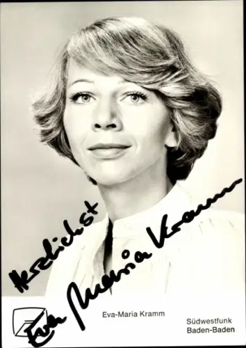 Ak Moderatorin Eva-Maria Kramm, Portrait, Autogramm, Südwestfunk Baden-Baden