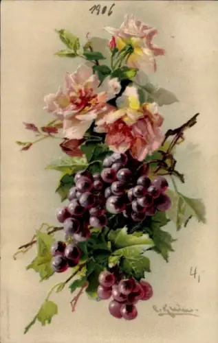 Künstler Ak Klein, Catharina, Rosen, Weintrauben