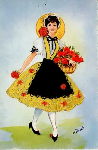 Material Ak Frau mit Blumenkorb, Rosen, Volkstracht