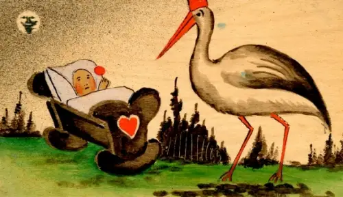 Holz Ak Geburt, Storch, Baby