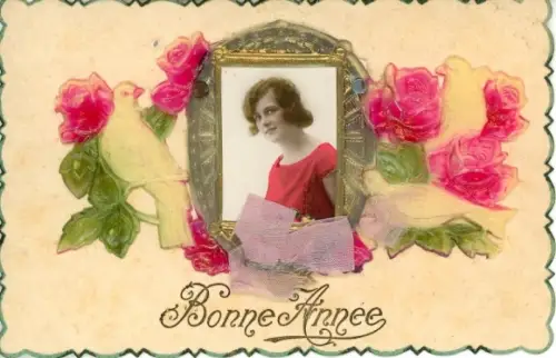 Material Ak Glückwunsch Neujahr, Frau-Porträt, Tauben, Rosen