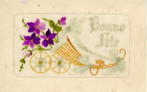 Seidenstick Ak Glückwunsch, Blumen, Wagen