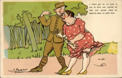 Künstler Ak Spahn, V., französische Armee, Soldat mit Frau, Humor
