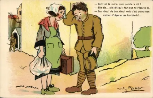 Künstler Ak Spahn, V., französische Armee, Soldat mit Frau, Humor