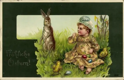 Präge Litho Glückwunsch Ostern, Küken, Mädchen, Osterhase, Ostereier