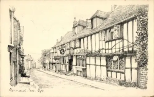Ak Rye East Sussex England, Bleistiftskizze, Mermaid Inn, Straße mit Fachwerkhäusern