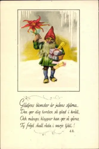 Künstler Ak Nyström, Jenny, Frohe Weihnachten, Zwerg mit Geschenken und Weihnachtsstern