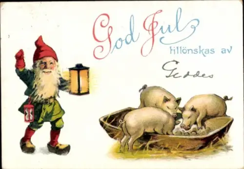 Künstler Ak Nyström, Jenny, Frohe Weihnachten, Zwerg mit Laterne, Schweine, Trog