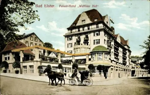 Ak Bad Elster im Vogtland,  Palast-Hotel Wettiner Hof, Pferdewagen