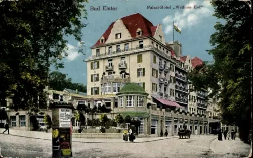 Ak Bad Elster im Vogtland,  Palast-Hotel Wettiner Hof, Gebäude mit Dach und Fahne, Pferdewagen