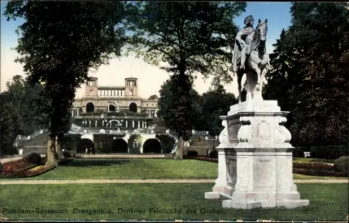 Ak Potsdam Sanssouci, Potsdam-Sanssouci, Orangerie, Denkmal Friedrichs des Großen, Statue