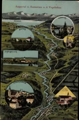 Künstler Ak Felle, Eugen, Landkarten, Ampertal und Ammersee aus der Vogelschau