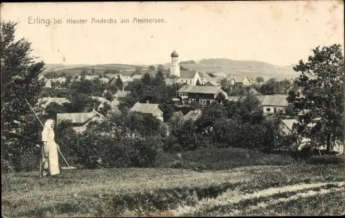 Ak Erling Andechs in Oberbayern, Landschaft mit Wiese, Dorfansicht, Kloster Andechs, Ammersee