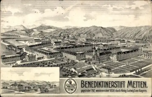 Ak Metten an der Donau Niederbayern, Benediktinerstift  gezeichnete Ansicht, Berge im Hintergrund