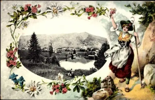 Ak Oberammergau in Oberbayern, Frau in Tracht, Berglandschaft, Blumenrahmen, Oberammergau