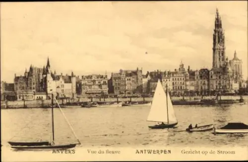 Ak Antwerpen Flandern, Blick auf den Fluss, Segelboote, Stadtansicht, Antwerpen