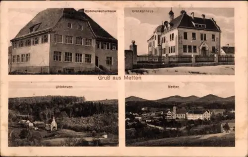 Ak Metten an der Donau Niederbayern, Mädchen-Schulhaus, Krankenhaus, Uttobrunn, Gesamtansicht
