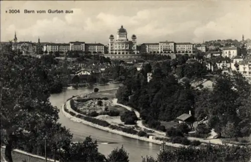 Ak Bern Stadt Schweiz, Panoramablick auf  Gurten, Fluss, Bäume, Gebäude