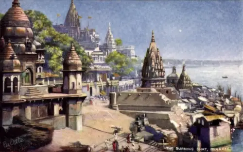 Ak Varanasi Benares Indien, Brennender Ghat,  Tempel, Ganges, Hindu-Ritual