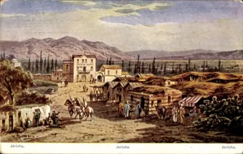 Ak Jericho Palästina,  Jordan Hotel, Reiter, Marktstände, Landschaft