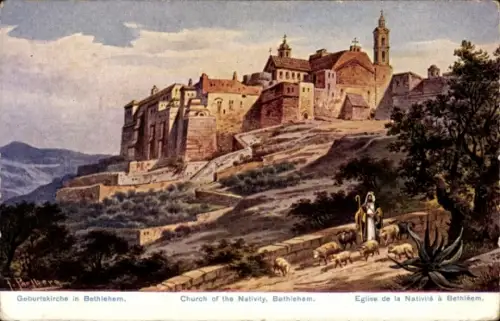 Ak Bethlehem Palästina, Geburtskirche in  Schafe, Frau in traditioneller Kleidung