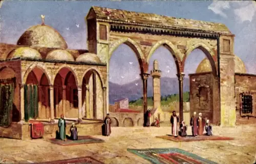 Ak Jerusalem Israel, Felsendom,  Menschen, Teppiche, Architektur