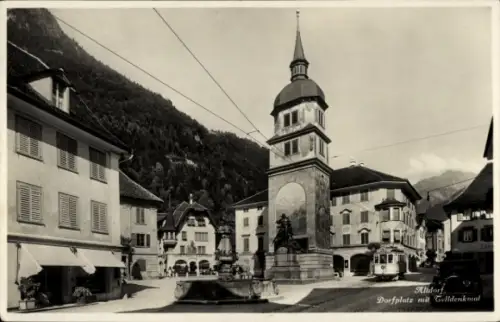 Ak Altdorf Kt Uri, Dorfplatz mit Telldenkmal, Konditorei
