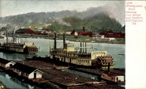 Ak Pittsburgh Pennsylvania USA, Monongahela River, Coal Barges and Steamers