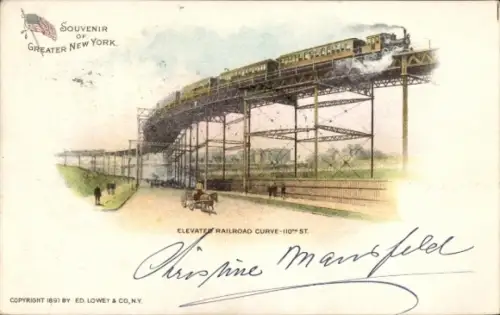 Litho New York City USA, Elevated Railway Curve at 110th Street