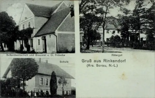Ak Rinkendorf Kreis Sorau Niederlausitz, Schankwirtschaft und Brauerei, Rittergut, Schule