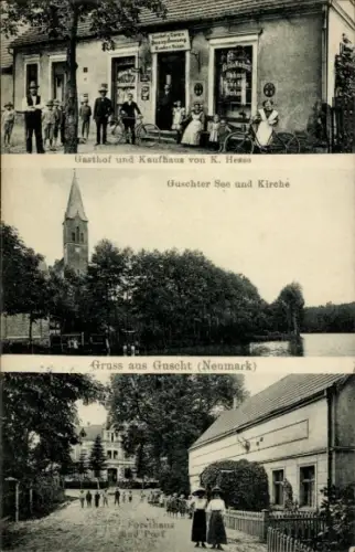 Ak Goszczanowo Guscht Ostbrandenburg, Gasthof und Kaufhaus, Guschter See, Kirche, Gruss aus Gusch