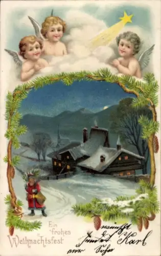 Präge Passepartout Ak Glückwunsch Weihnachten, Engel, Wohnhaus, Weihnachtsmann