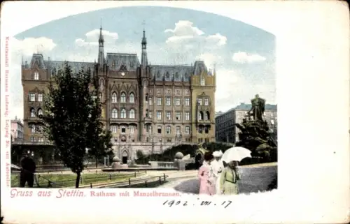 Ak Szczecin Stettin Pommern, Rathaus, Manzelbrunnen