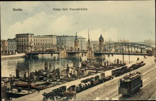 Ak Szczecin Stettin Pommern,  Hafen, Hansabrücke, Schiffe, Tram
